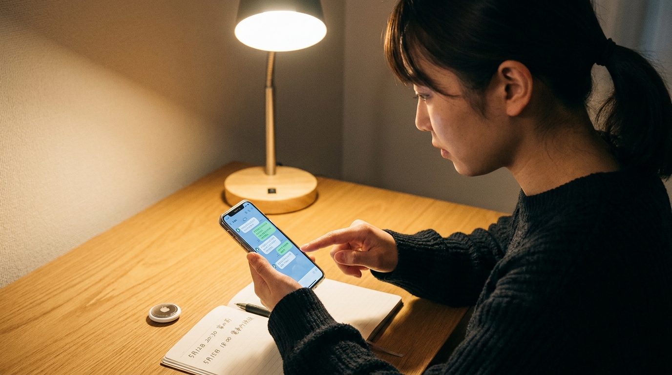 ストーカー被害の証拠を冷静に集めている女性。スマートフォンに保存したメッセージやAirTag、記録をつけたメモ帳を確認している。