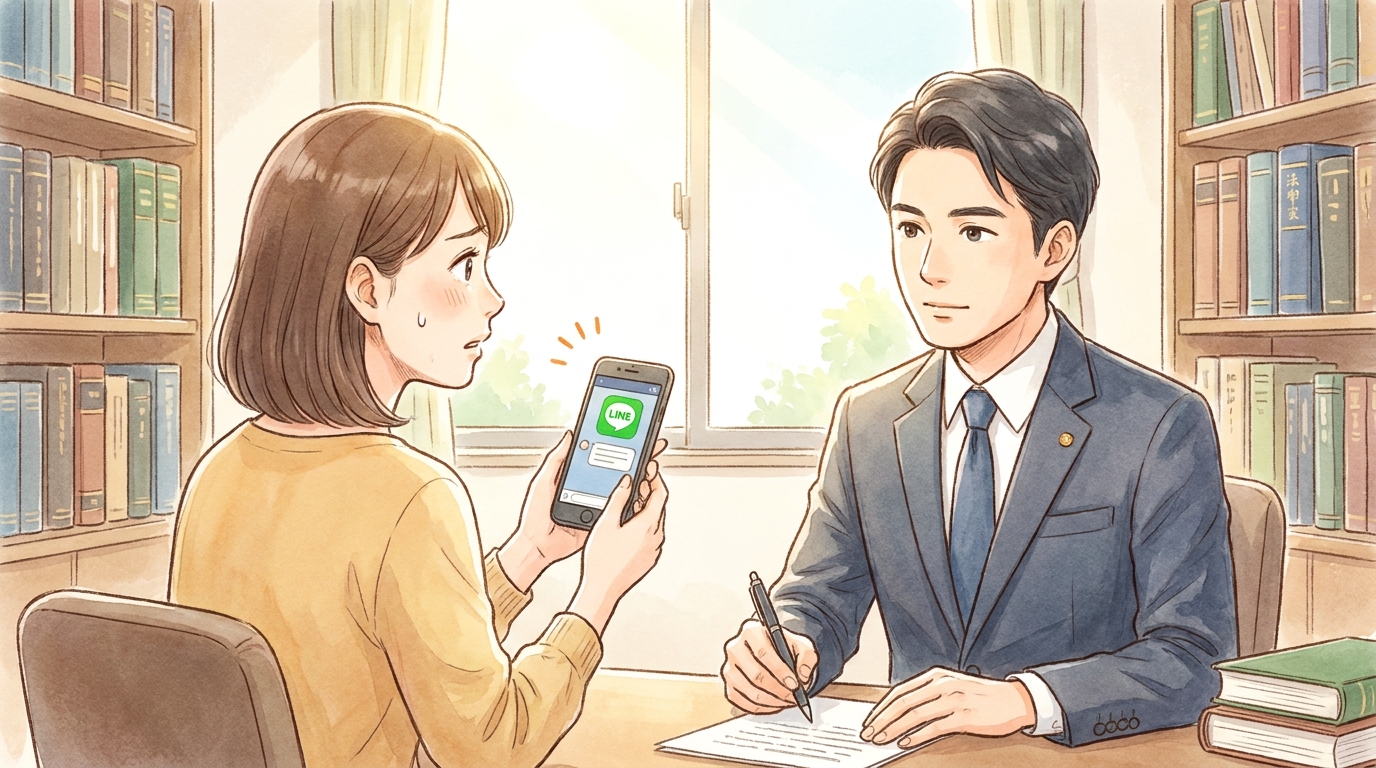 法律事務所で弁護士に独身偽装の証拠を見せて相談する女性のイラスト。専門家によるサポートの重要性を示しています。