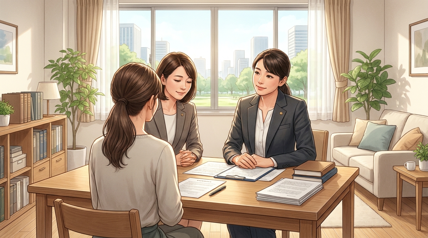 法律事務所で弁護士に相談し、安心した表情を浮かべる女性。