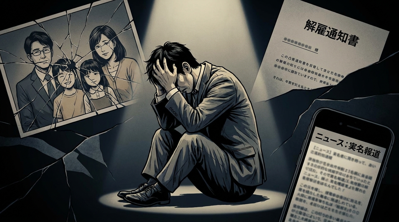 児童ポルノ所持で逮捕され、社会的信用を失い絶望する男性のイラスト。背景には壊れた家族関係や失職、実名報道が暗示されている。