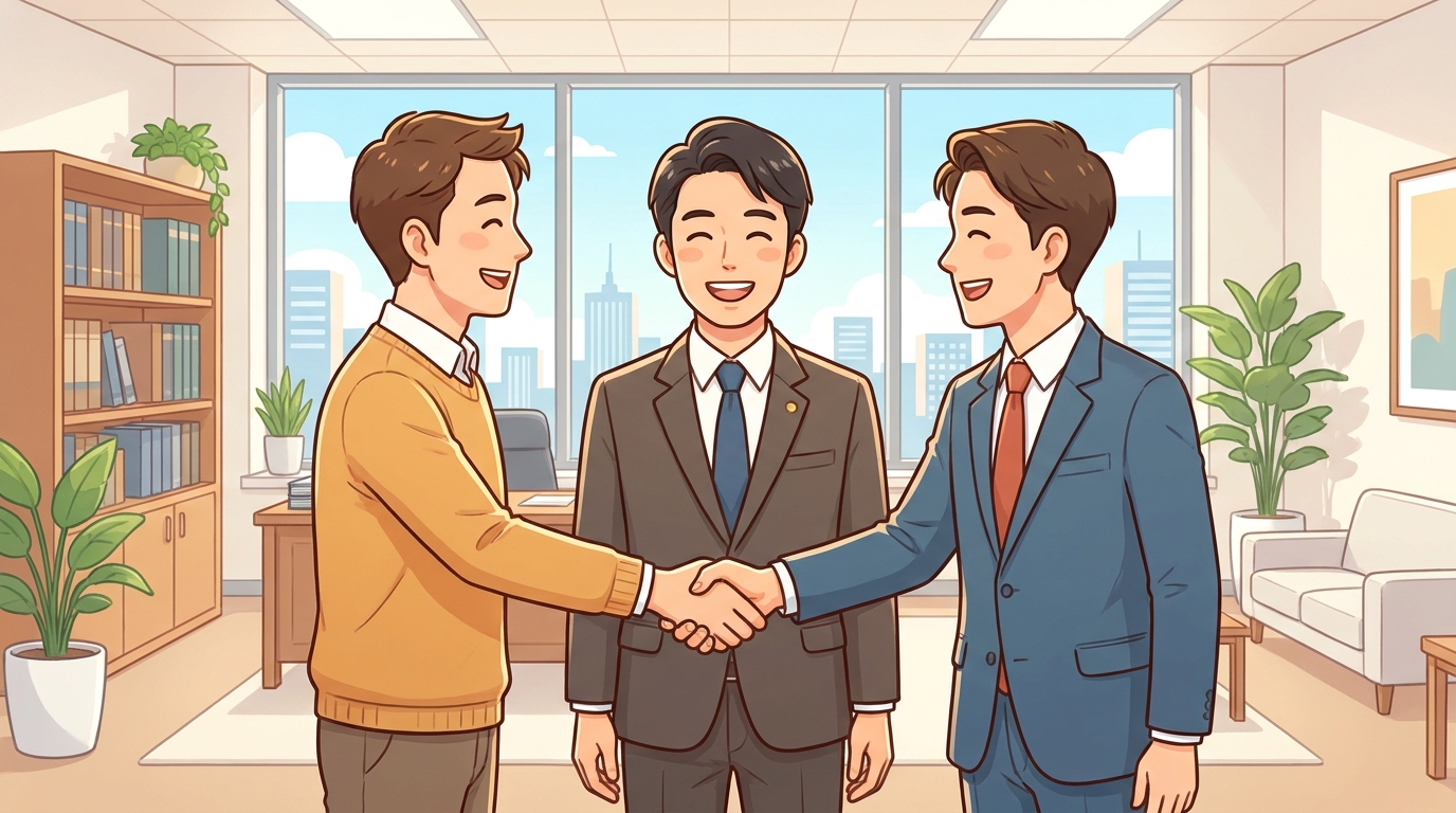 弁護士のサポートにより会社との示談が成立し、関係者が安堵の表情で握手をしているイラスト。円満解決のイメージ。