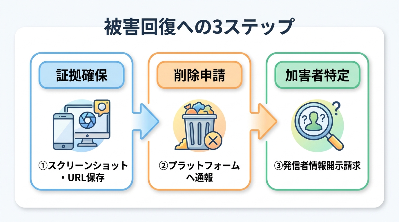 性的ディープフェイク被害に遭った際に実行すべき3つのステップ（証拠確保、削除申請、加害者特定）を示したフローチャート。