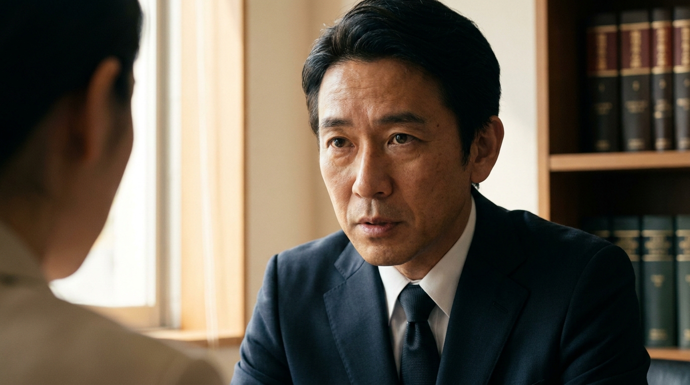 法律事務所で依頼者の相談に真摯に耳を傾ける男性弁護士。親身な対応で問題解決に取り組む様子。
