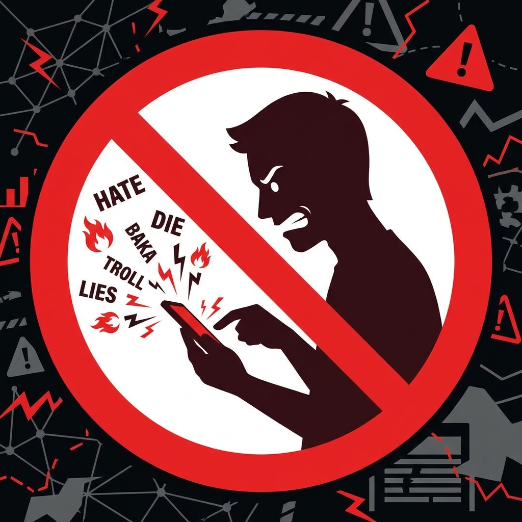 SNSで相手を暴露する行為の危険性を示す警告イラスト。名誉毀損のリスクがあることを伝えています。