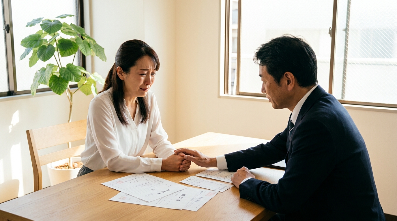 法律事務所で弁護士に相談する女性。テーブルには証拠となる書類が並んでいる。