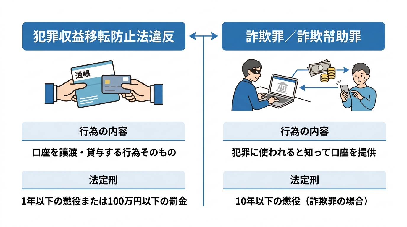 口座売買で問われる2つの罪「犯罪収益移転防止法違反」と「詐欺罪・詐欺幇助罪」の行為内容と法定刑を比較した図解。