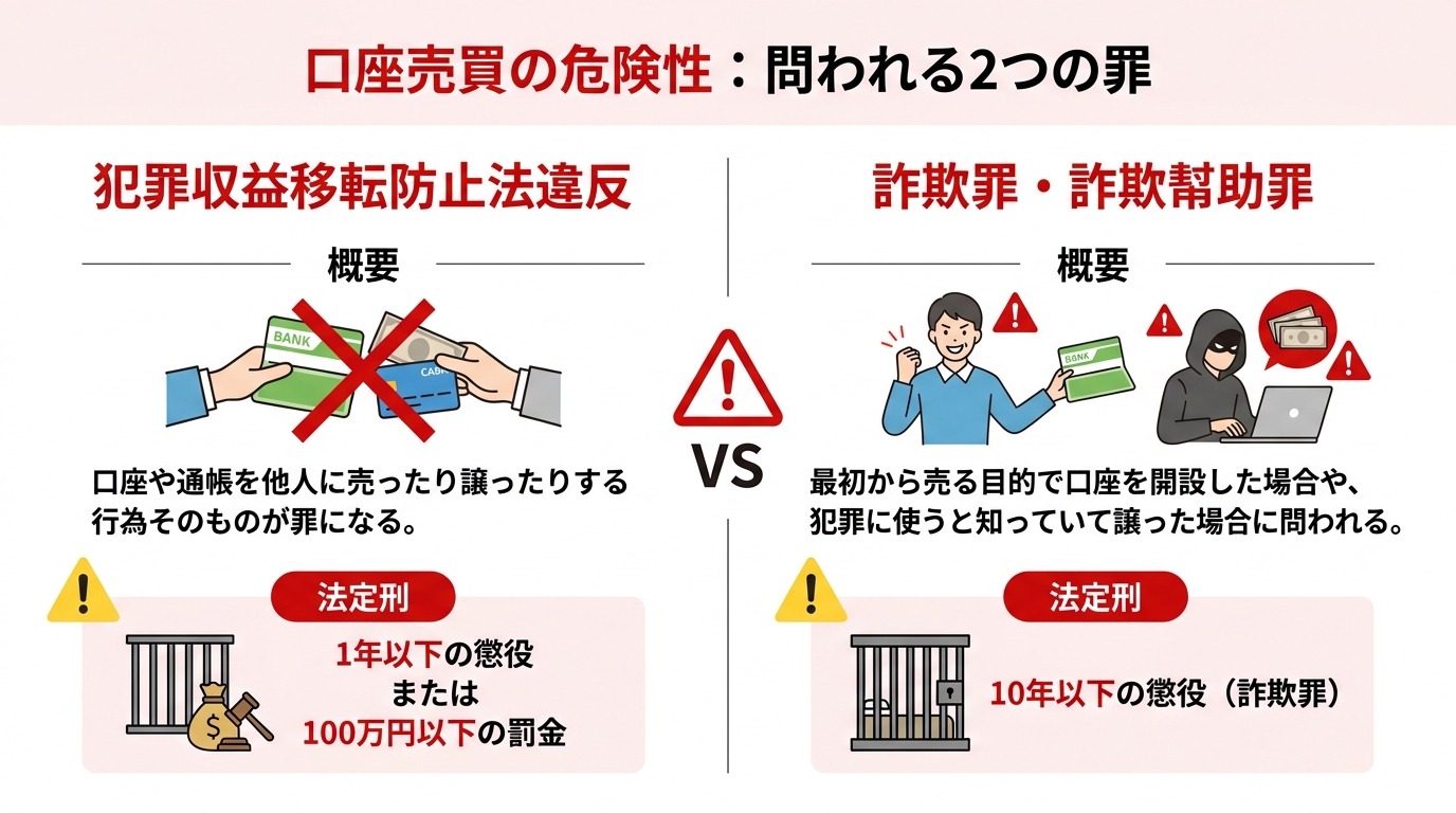 口座売買で問われる「犯罪収益移転防止法違反」と「詐欺罪・詐欺幇助罪」の2つの罪の違いを比較する図解。それぞれの罪の概要と法定刑がまとめられている。