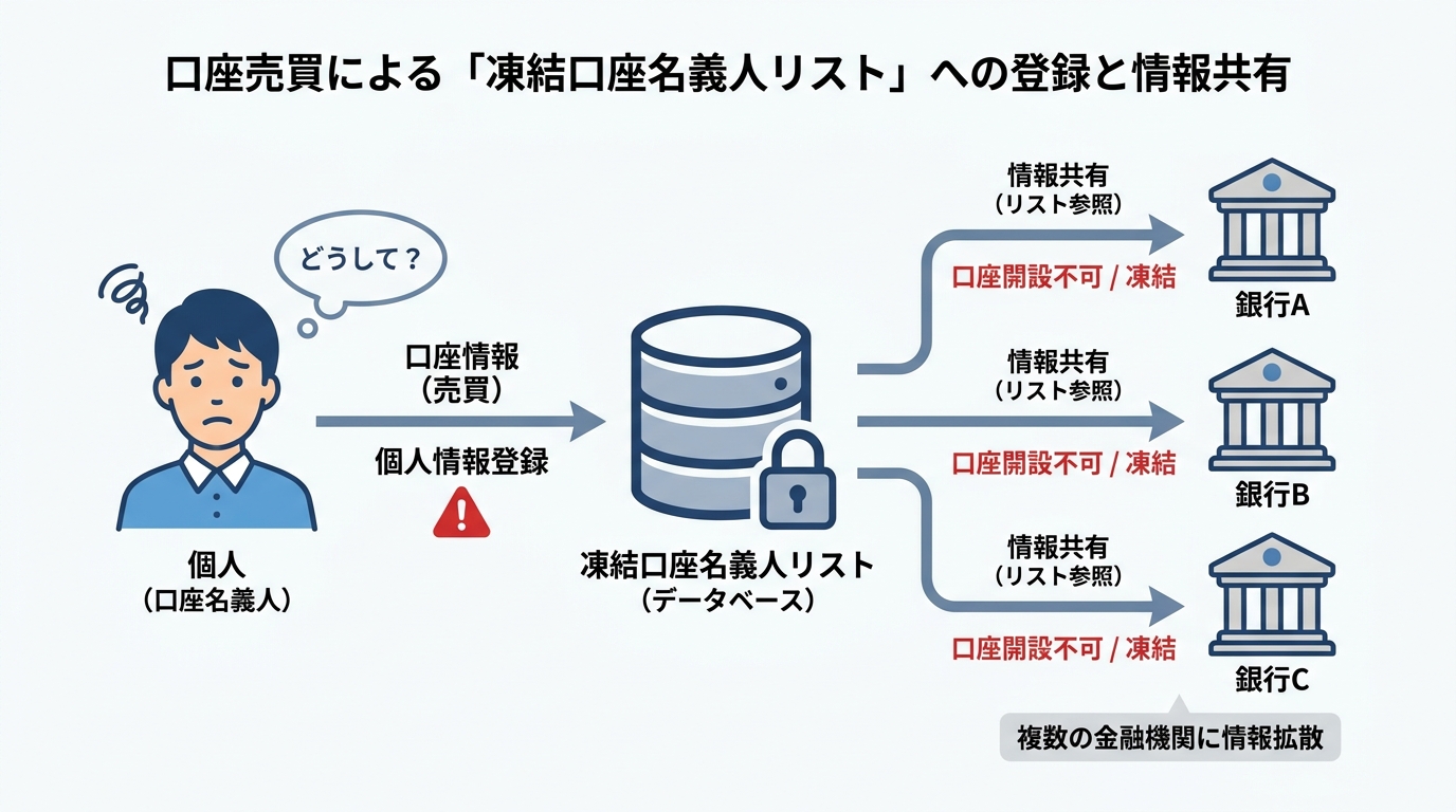 口座売買後の情報共有の仕組みを示した図解。個人の情報が凍結口座名義人リストに登録され、各金融機関に共有される流れが描かれている。