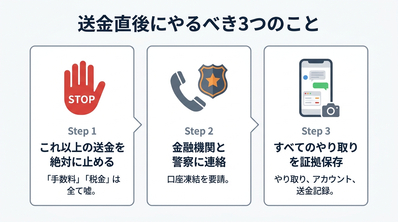 SNS型投資詐欺の被害に遭った直後にやるべき3つのこと(送金停止・関係機関への連絡・証拠保存)をまとめた図解。