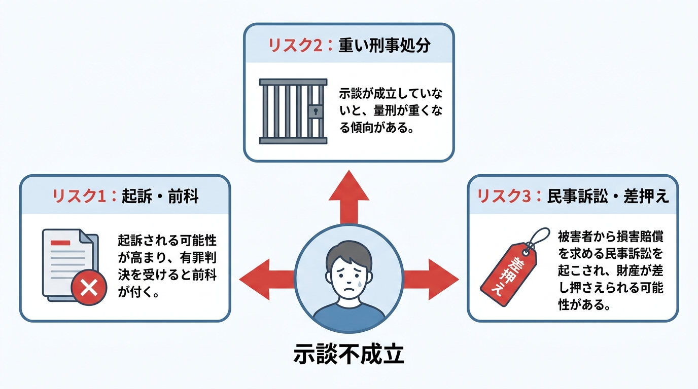 示談金を支払えない場合の3つのリスクを図解したインフォグラフィック。起訴されて前科がつく、重い刑事処分を受ける、民事訴訟で財産を差し押さえられるというリスクを示している。