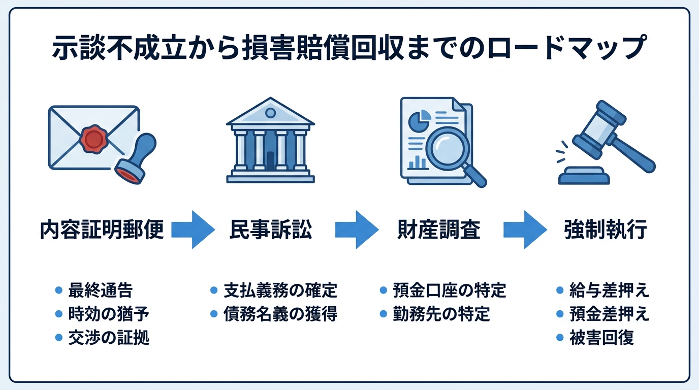 示談が決裂してから損害賠償を回収するまでの流れを示した図解。内容証明、民事訴訟、財産調査、強制執行の4ステップ。