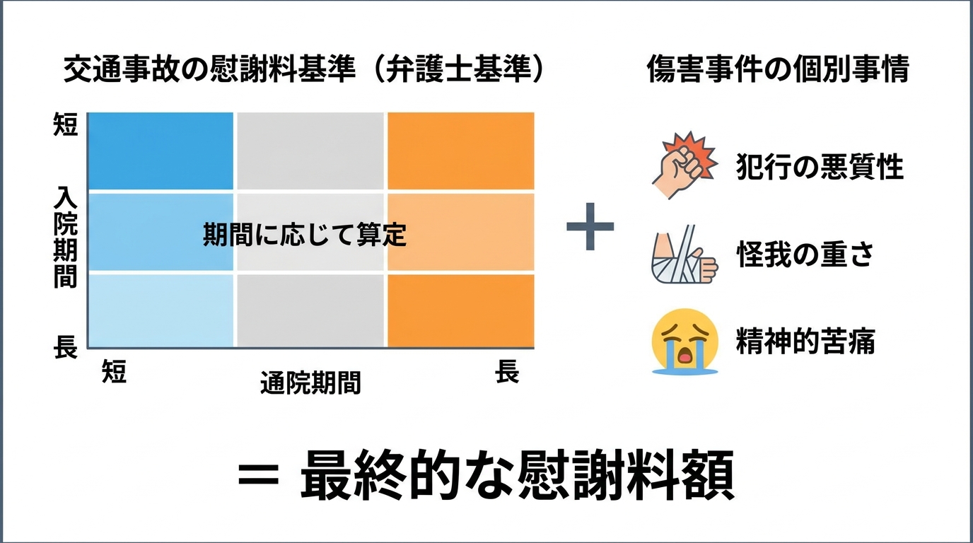 傷害事件の慰謝料の算定方法を解説する図。交通事故の基準を参考にしつつ、犯行の悪質性などの個別事情が加味されて金額が決まることを示している。