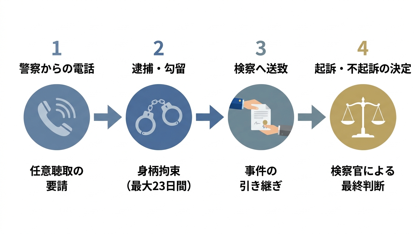 口座売買事件における刑事手続きの流れ。警察からの電話、逮捕・勾留、検察への送致、起訴・不起訴の決定という4ステップを図解。