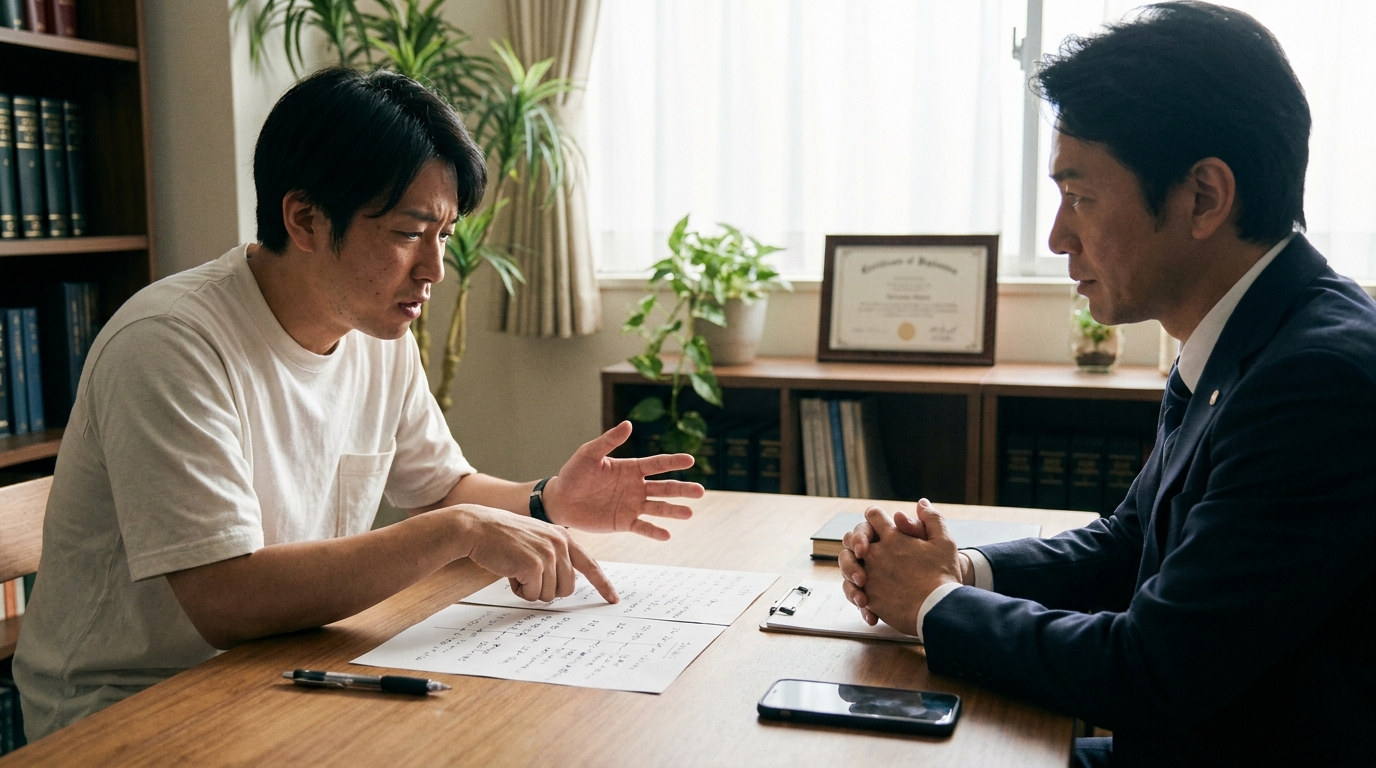 弁護士に相談し、口座売買に至った経緯を時系列で整理している男性。落ち着いて事実関係をまとめることの重要性を示している。