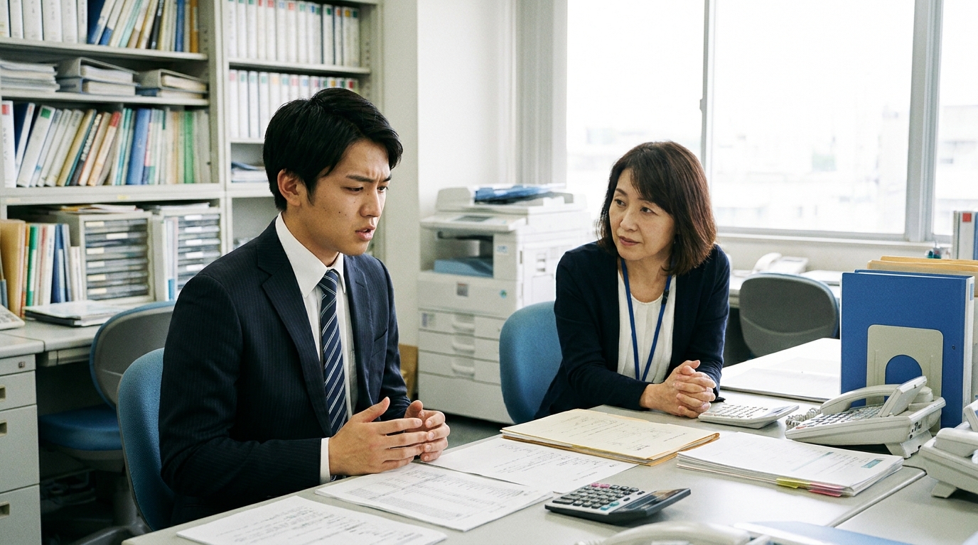 給与の受け取り方法について、会社の経理担当者に相談している若い男性。生活を守るための具体的な行動の一つ。