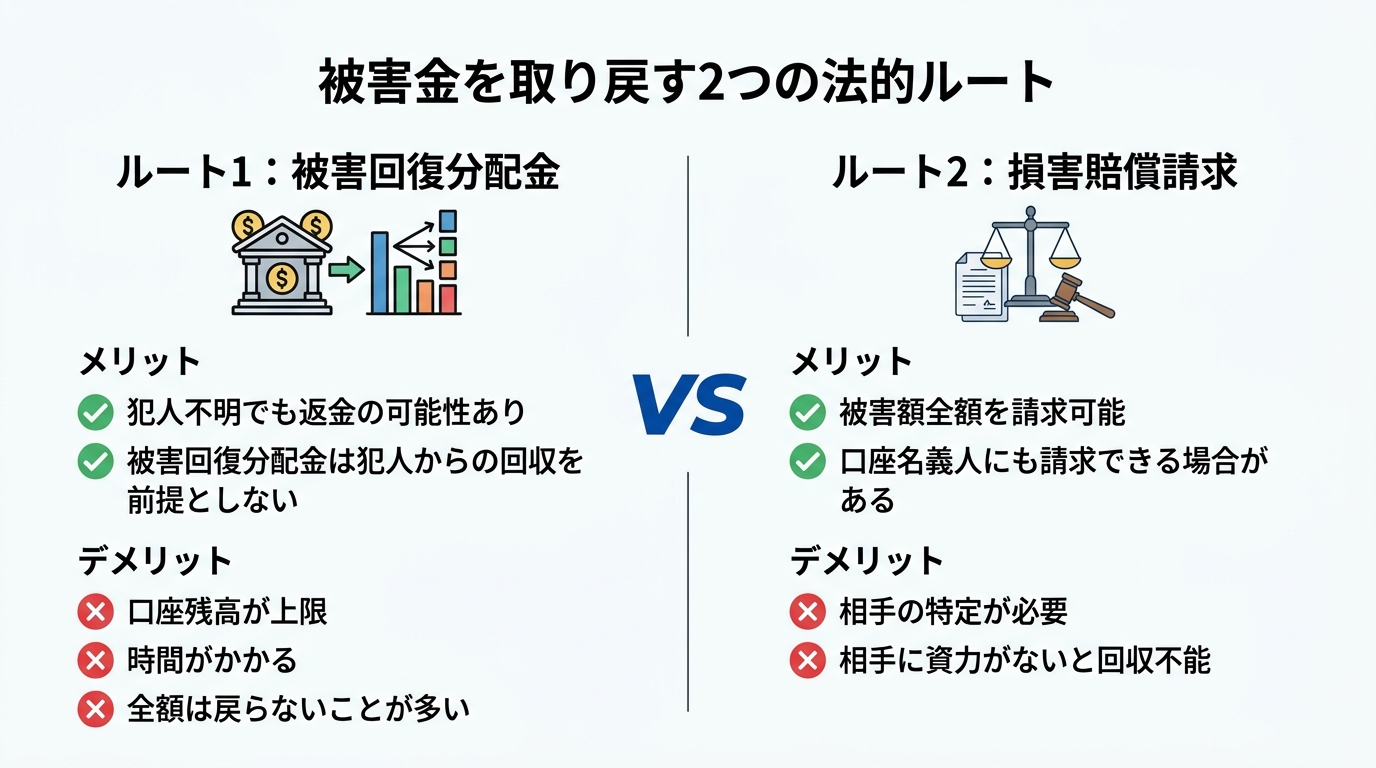 SNS投資詐欺の被害金を取り戻すための「被害回復分配金」と「損害賠償請求」という2つの法的ルートのメリット・デメリットを比較した図解。