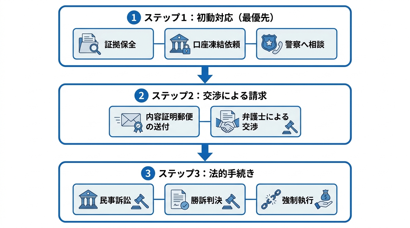 投資詐欺の返金請求の流れを示す図解。初動対応から交渉、そして民事訴訟・強制執行までの3ステップを解説。