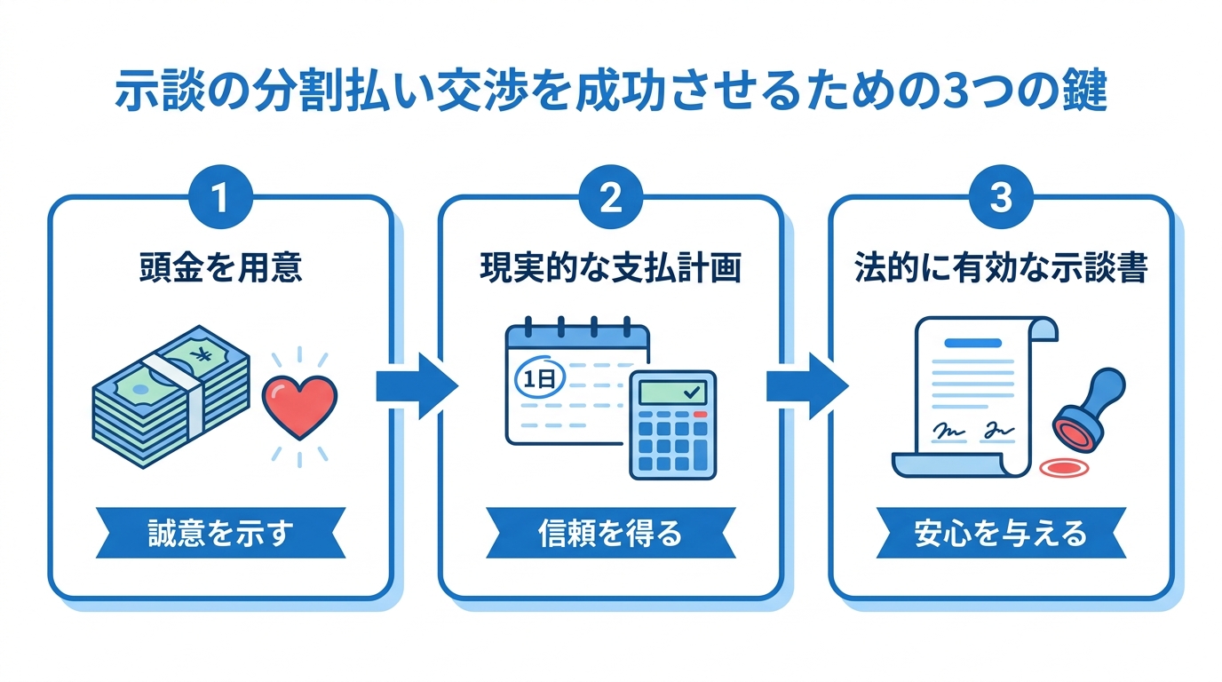 示談の分割払い交渉を成功させる3つの鍵。頭金の用意、現実的な支払計画の立案、法的に有効な示談書の作成というステップを図解している。