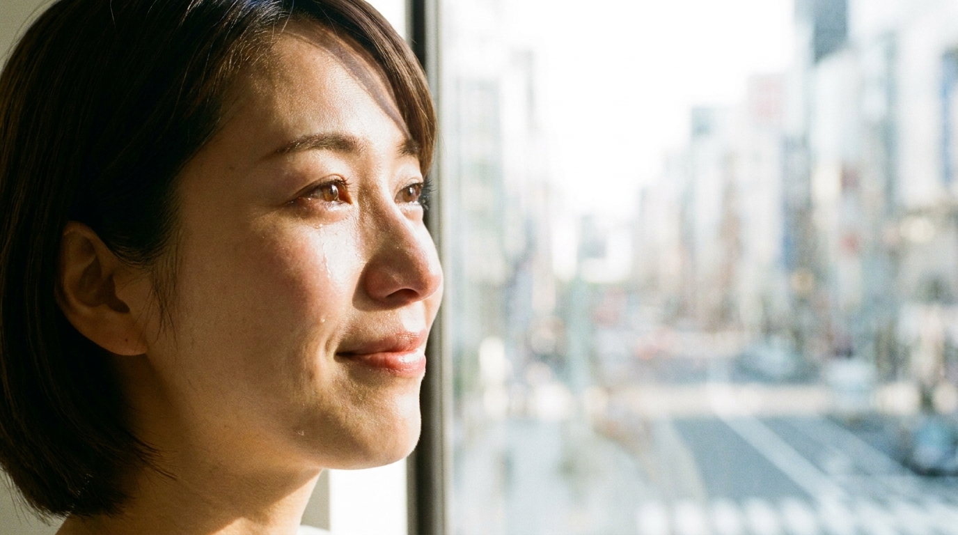 問題が解決し、安堵の表情で窓の外を眺める女性。費用倒れのリスクを乗り越えた様子を象徴している。