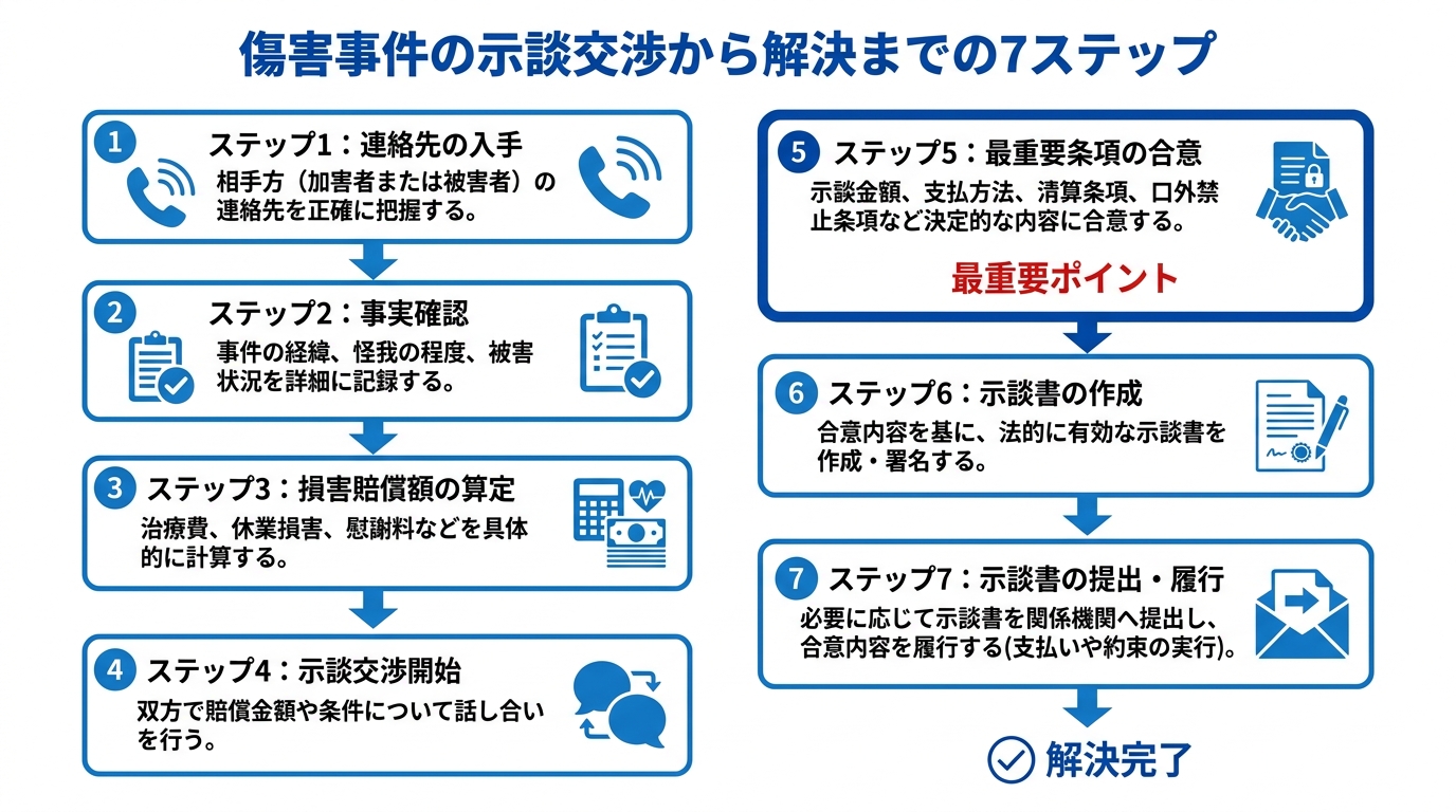 傷害事件の示談交渉から解決までの流れを示した7ステップのフローチャート。連絡先の入手から示談書の提出までを時系列で解説している。