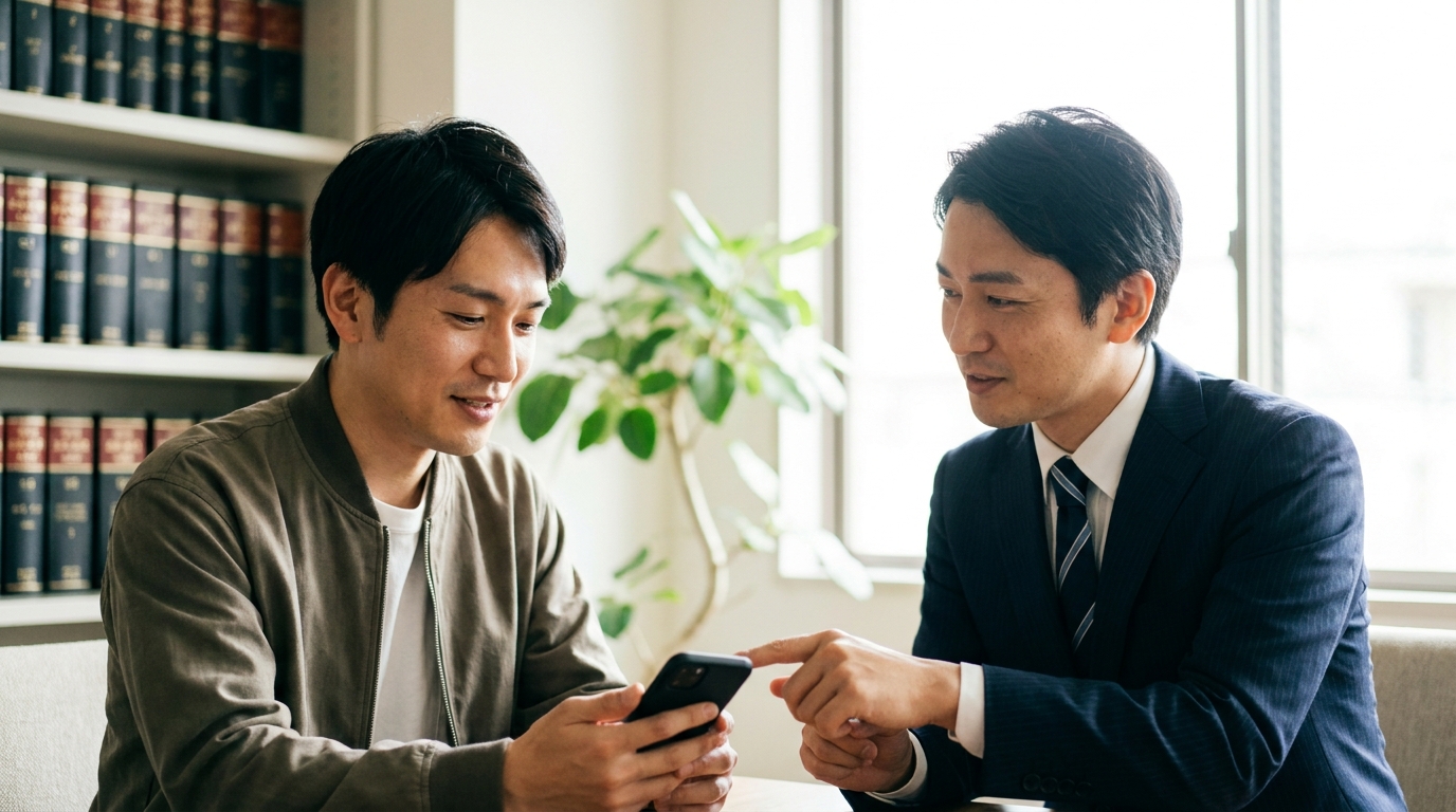 弁護士に口座売買について相談し、スマートフォンを見せながらアドバイスを受ける男性。不安が和らぎ、少し安心した表情を浮かべている。