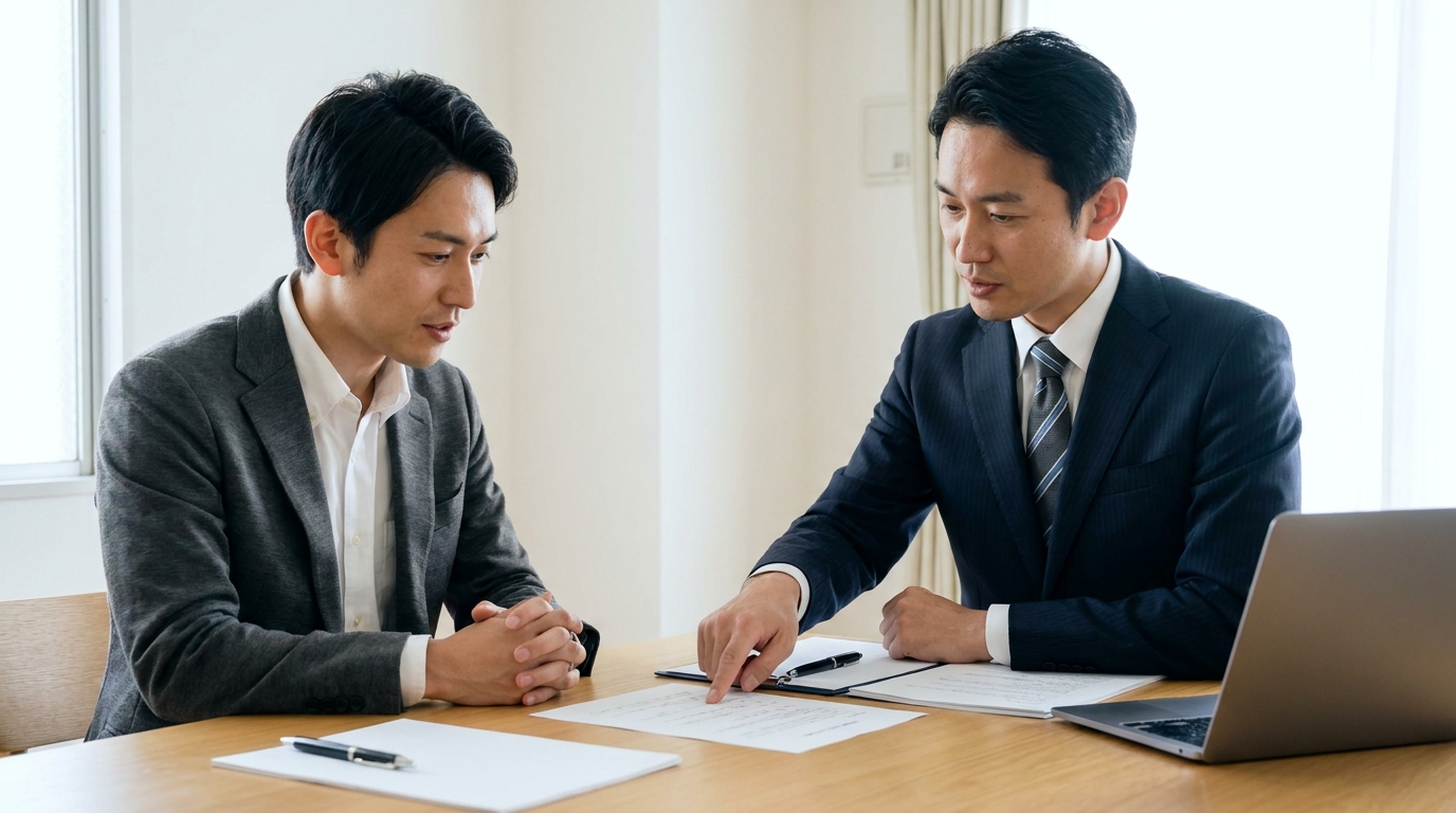口座凍結の問題について弁護士に相談し、解決策の提示を受けている男性。専門家への相談の重要性を示している。