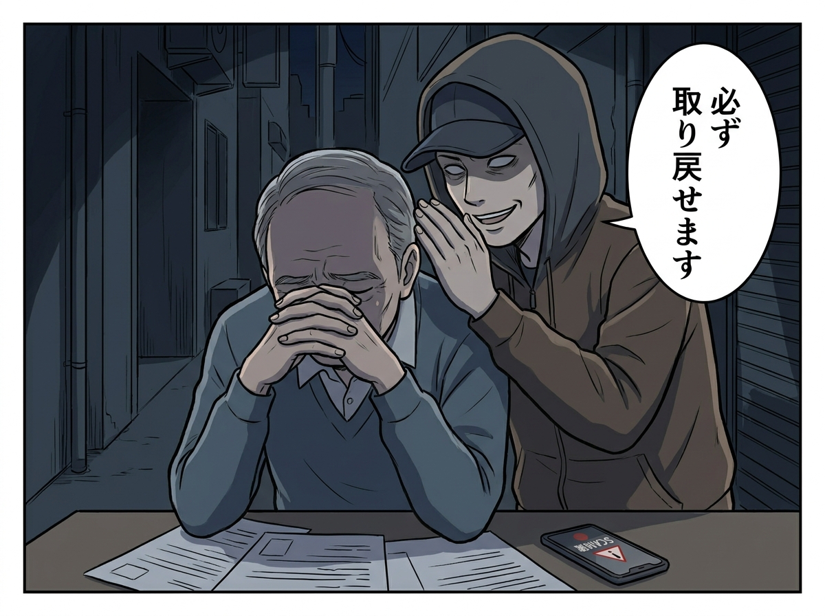 詐欺被害で落ち込む人に「必ず取り戻せる」と近づく別の詐欺師。二次被害の危険性を警告するイラスト。