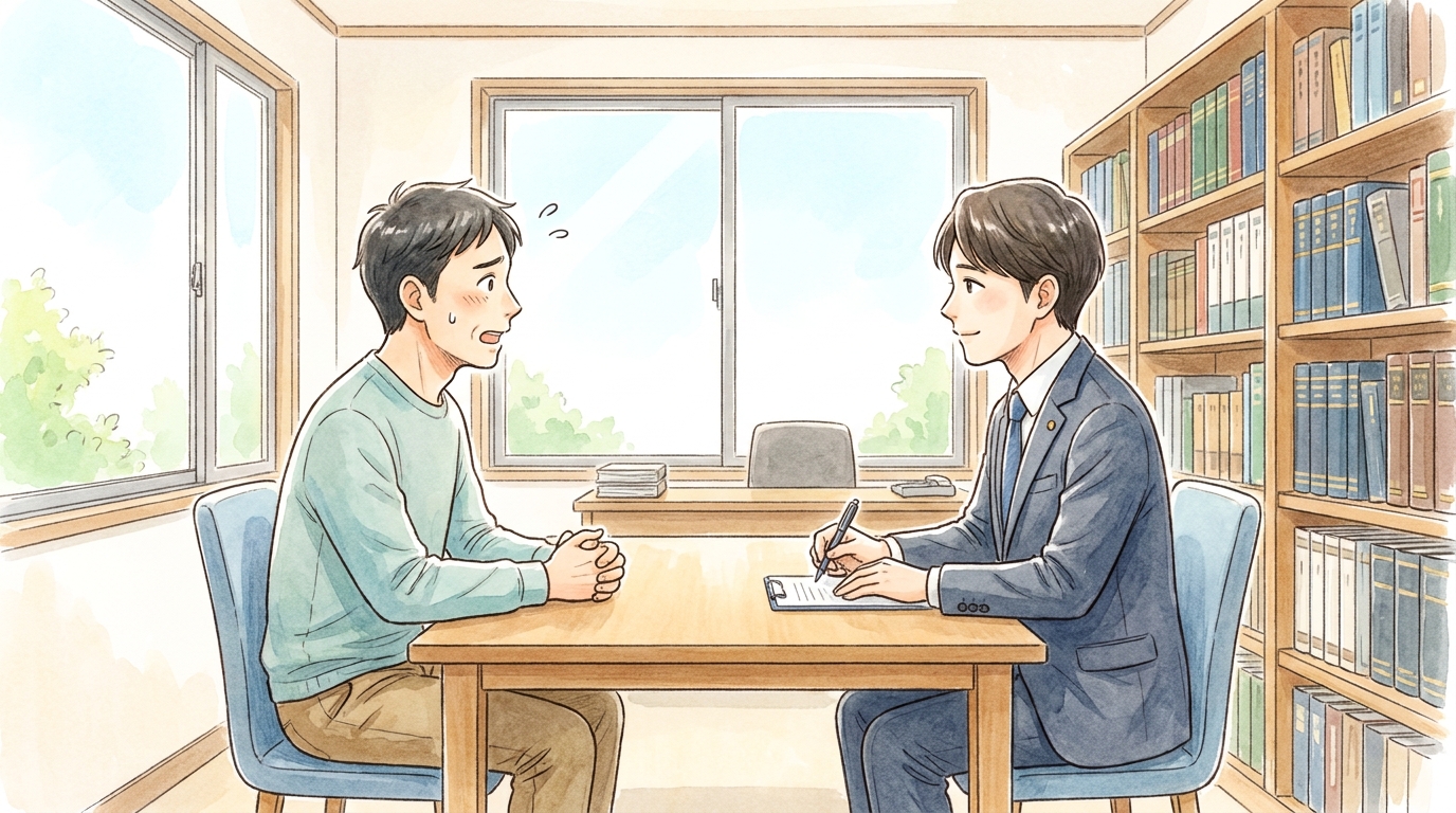 投資詐欺の被害について弁護士に相談し、少し安堵の表情を浮かべる相談者。