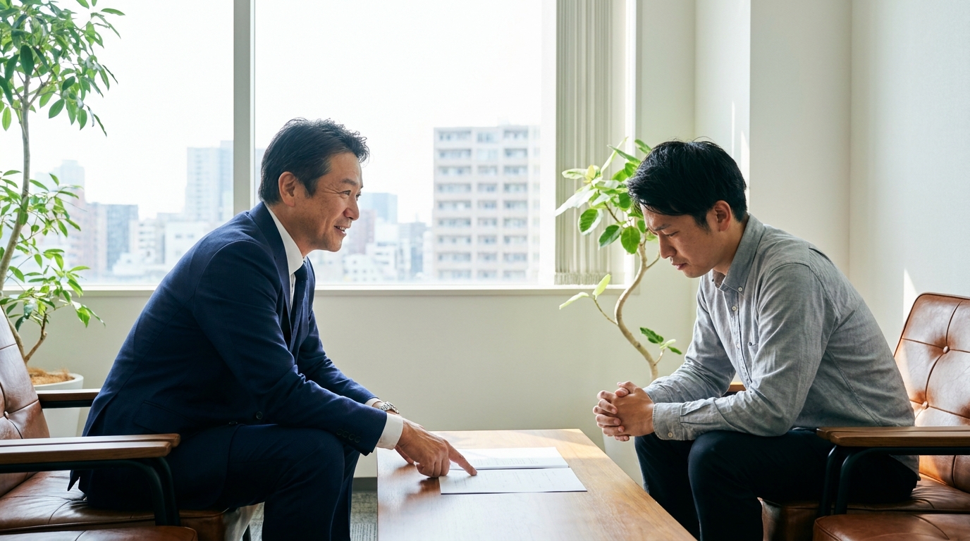 法律事務所で弁護士に相談する男性。示談金が払えないという深刻な悩みを、弁護士が親身になって聞いている。