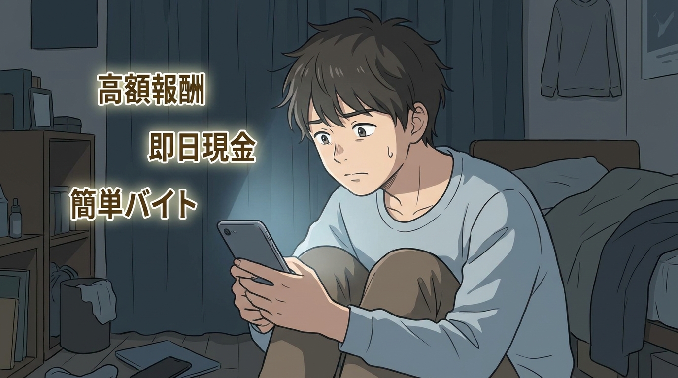 闇バイトの募集内容を見て不安な表情を浮かべる男性のイラスト