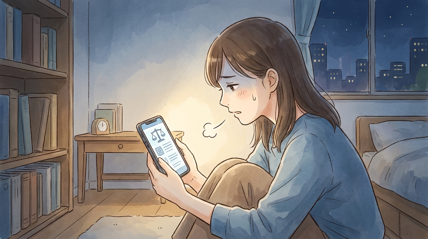 スマートフォンの画面を見て深く悩んでいる女性のイラスト。リベンジポルノ被害の精神的な苦痛を象徴している。