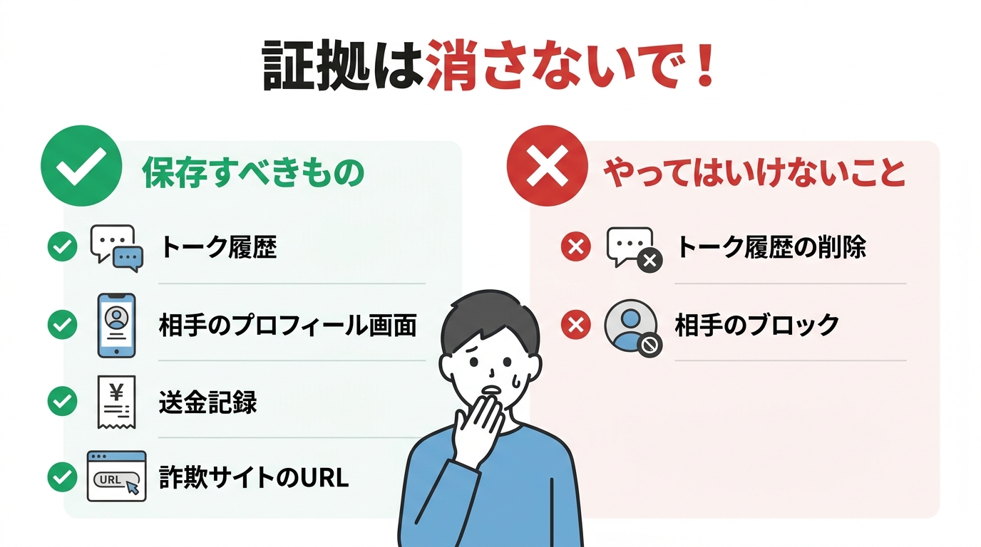 LINE詐欺で保存すべき証拠とやってはいけないことのリスト。保存すべきはトーク履歴、プロフィール、送金記録。やってはいけないのは履歴削除とブロック。