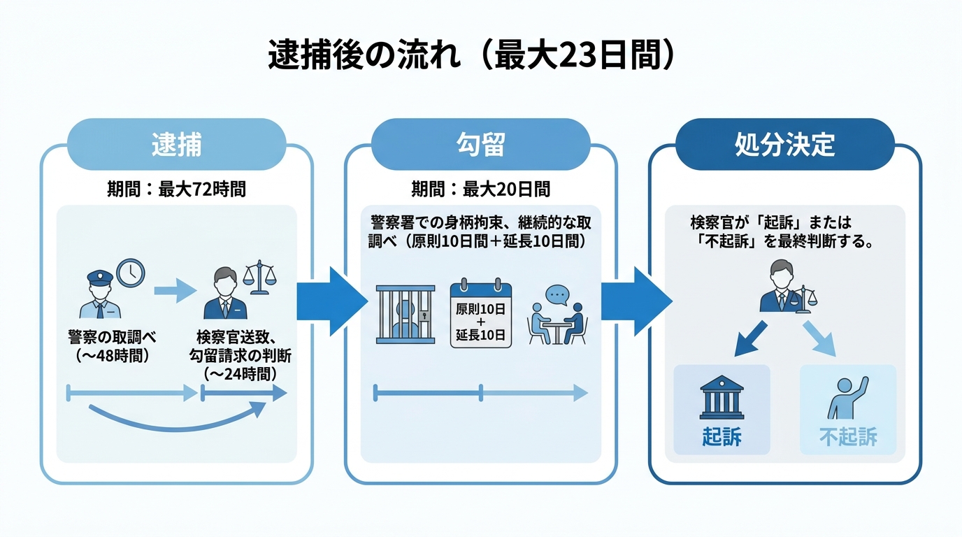 逮捕後の流れを時系列で解説する図解。左から「逮捕（最大72時間）」「勾留（最大20日間）」「処分決定（起訴・不起訴）」という3つのステップが矢印で結ばれている。