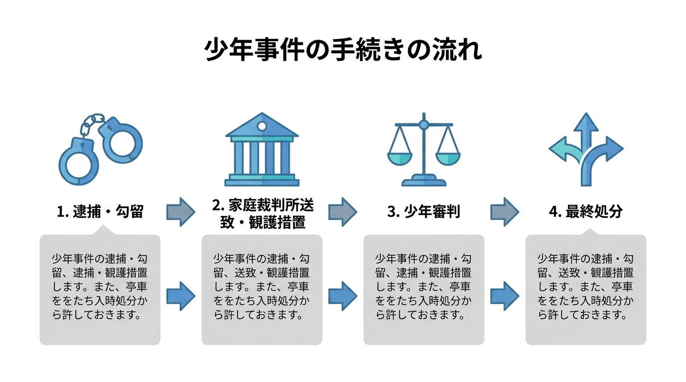 少年事件の流れを示すインフォグラフィック。逮捕・勾留、家庭裁判所送致・観護措置、少年審判、最終処分の4ステップをアイコン付きで解説。