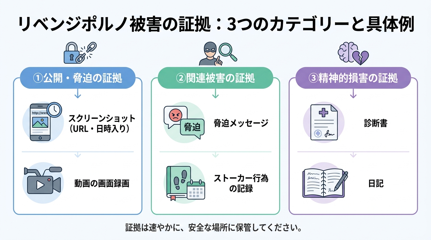 リベンジポルノ被害届に必要な3種類の証拠（公開の証拠、関連被害の証拠、精神的損害の証拠）をまとめた図解。