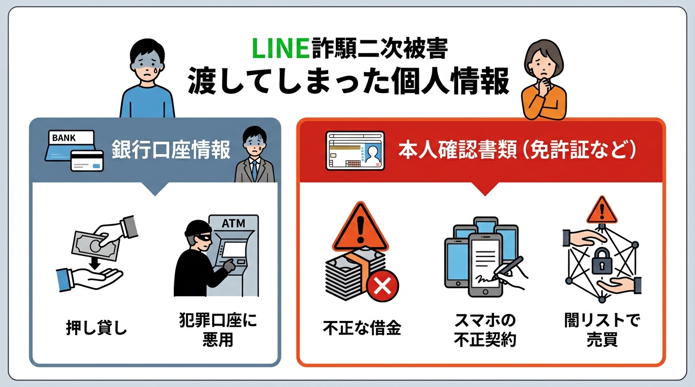 LINE詐欺で個人情報を渡した場合の二次被害リスク図解。銀行口座情報は押し貸しや犯罪利用、本人確認書類は不正な借金や契約に悪用される危険性がある。