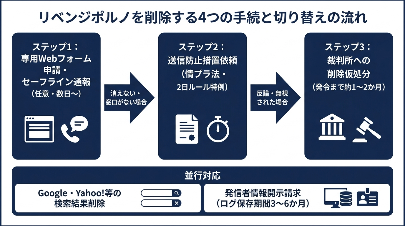 リベンジポルノ削除の4つの手続と仮処分へ切り替える流れの図解
