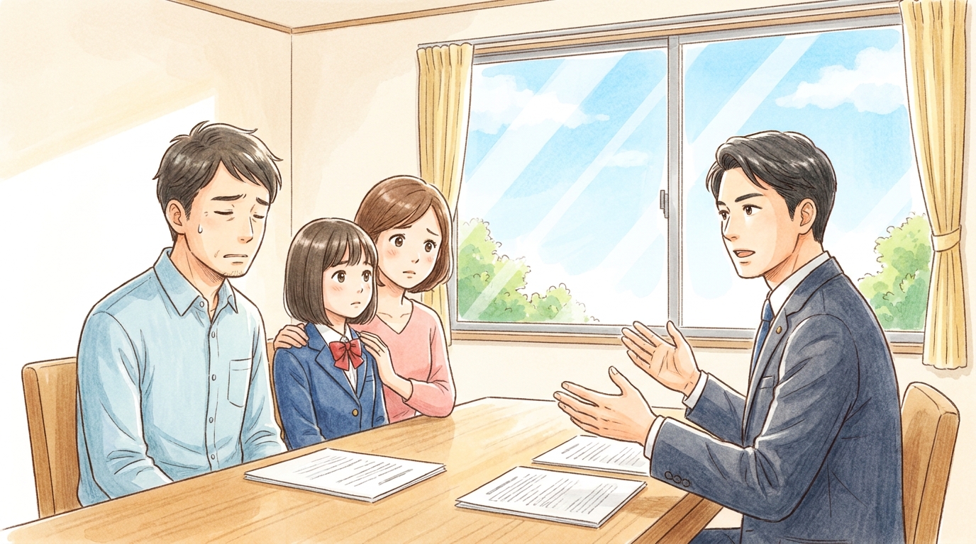 法律事務所で弁護士に相談する高校生とその両親。少年事件について専門家のアドバイスを受けている様子。