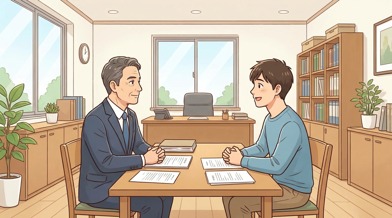 弁護士に相談し、少し安堵の表情を浮かべる男性のイラスト