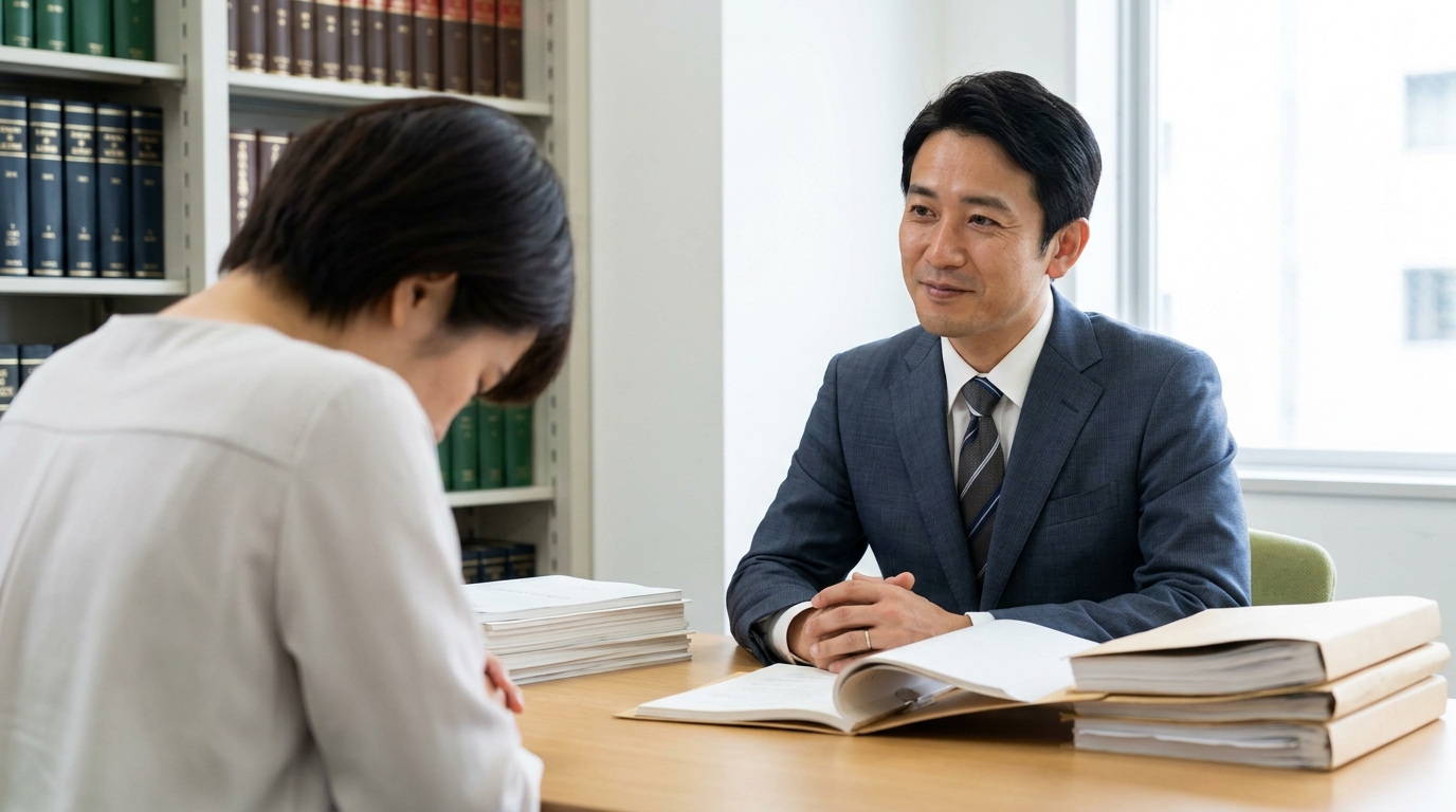法律事務所で弁護士に相談している様子。真剣な表情で依頼者の話に耳を傾ける弁護士。