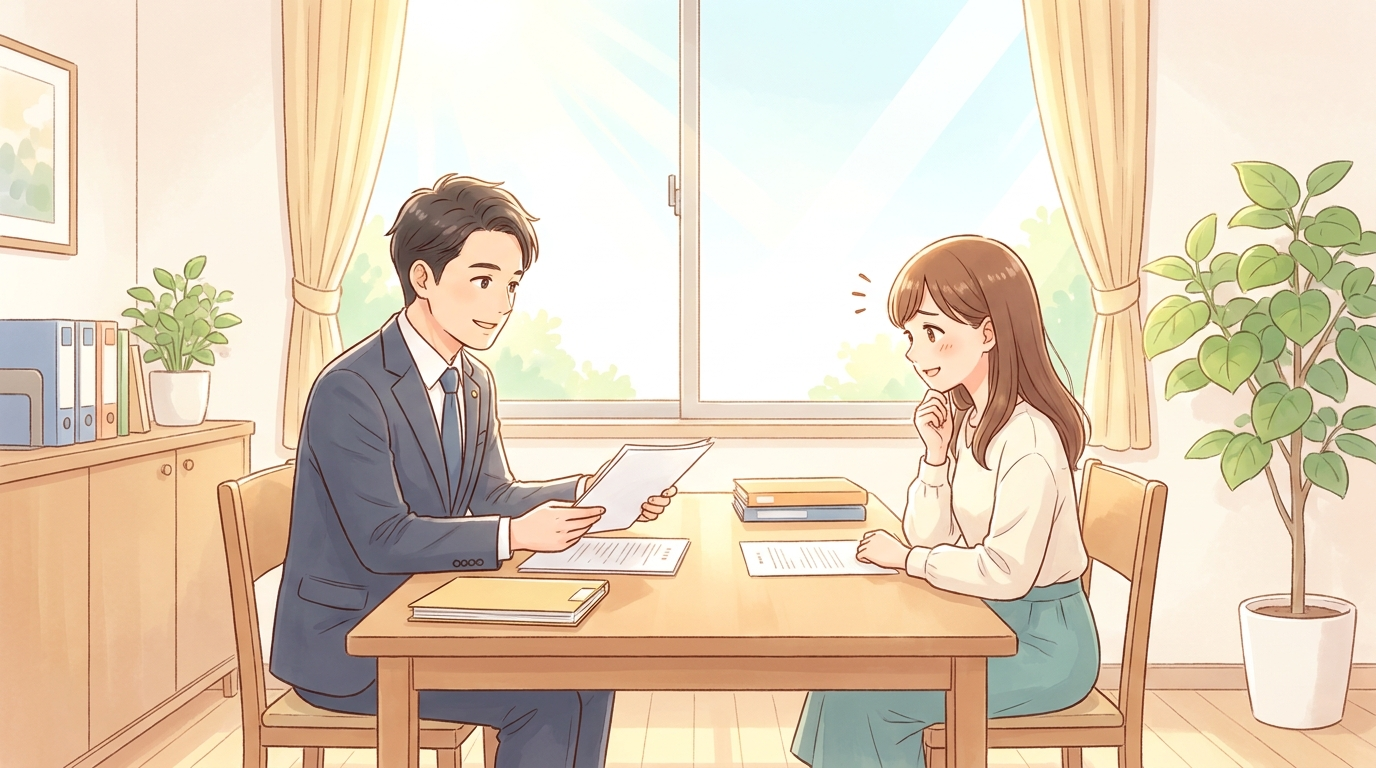 弁護士にリベンジポルノの削除と法的対応を相談して安心する女性のイラスト